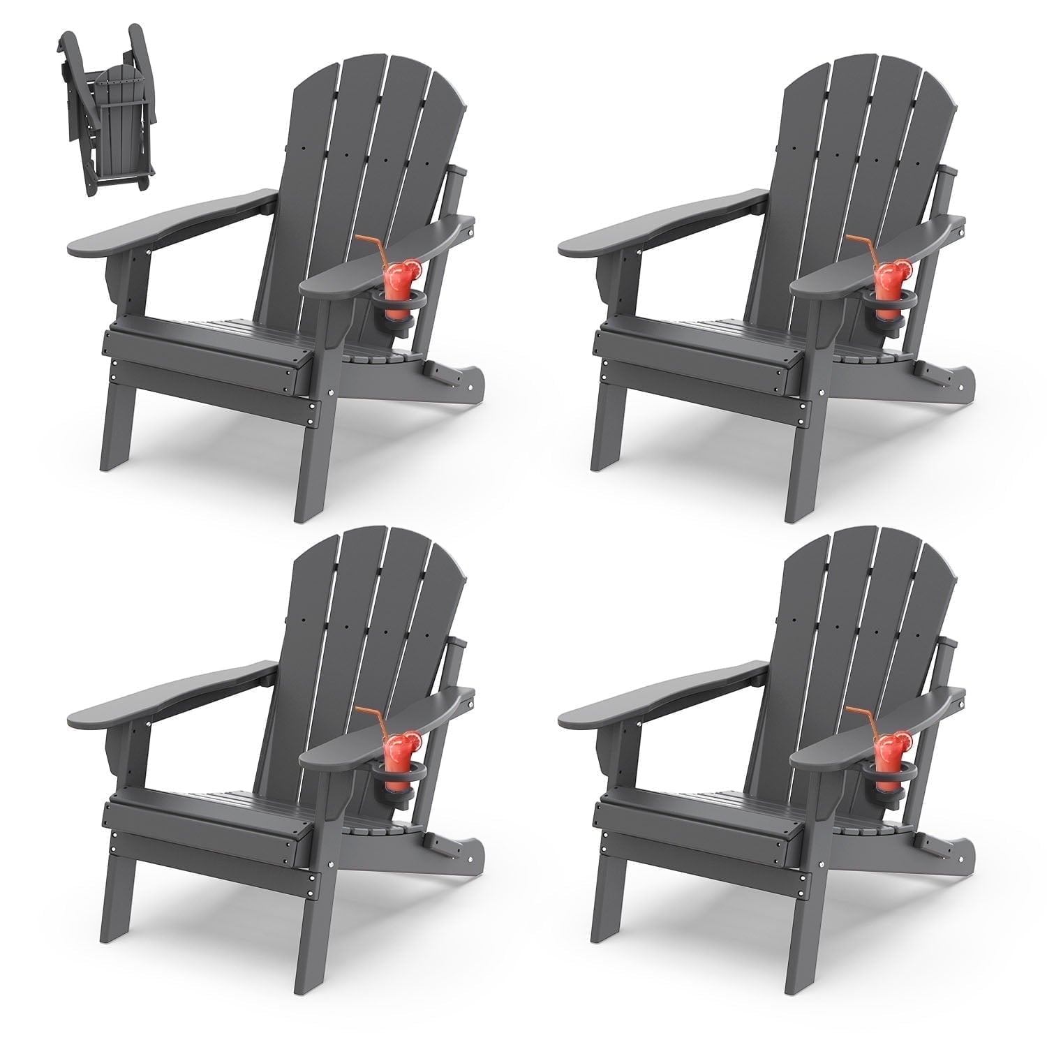 PIPOPA Outdoor Folding Adirondack Chair set of 4, HDPE All Weather Patio Chair with Cup Holder for Deck Backyard Garden, Grey