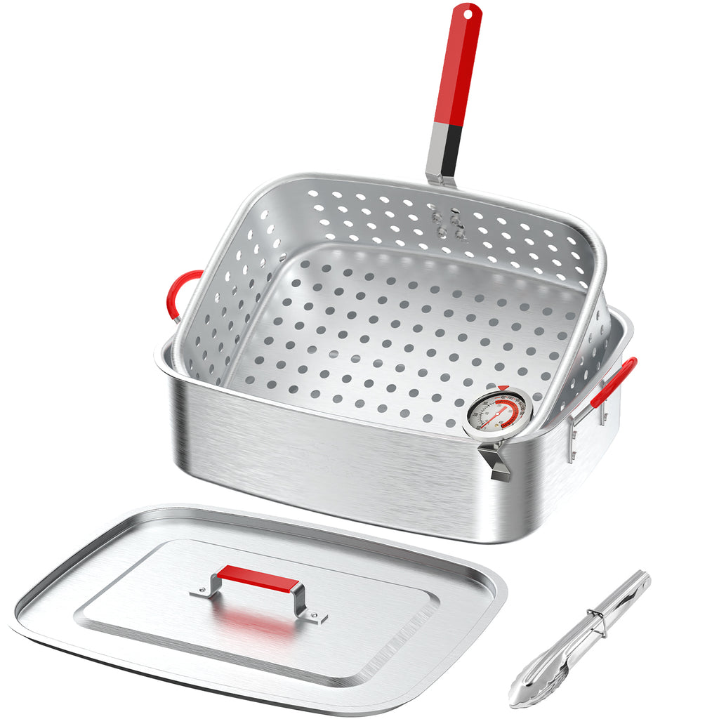 18QT Aluminum Deep Fryer Pot with Basket | Lid | 9" Fryer Tong | 6" Thermometer | Outdoor Fish Fryer Pot | Ideal for Frying Fish | French Fries | Chicken Wings