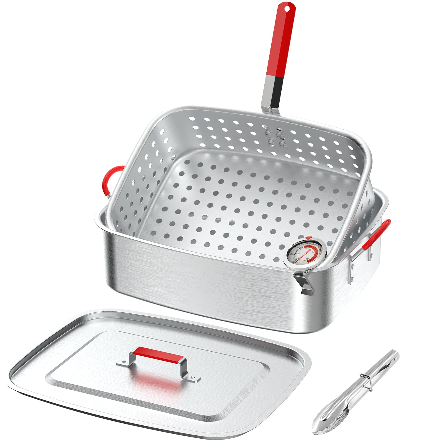 18QT Aluminum Deep Fryer Pot with Basket | Lid | 9" Fryer Tong | 6" Thermometer | Outdoor Fish Fryer Pot | Ideal for Frying Fish | French Fries | Chicken Wings