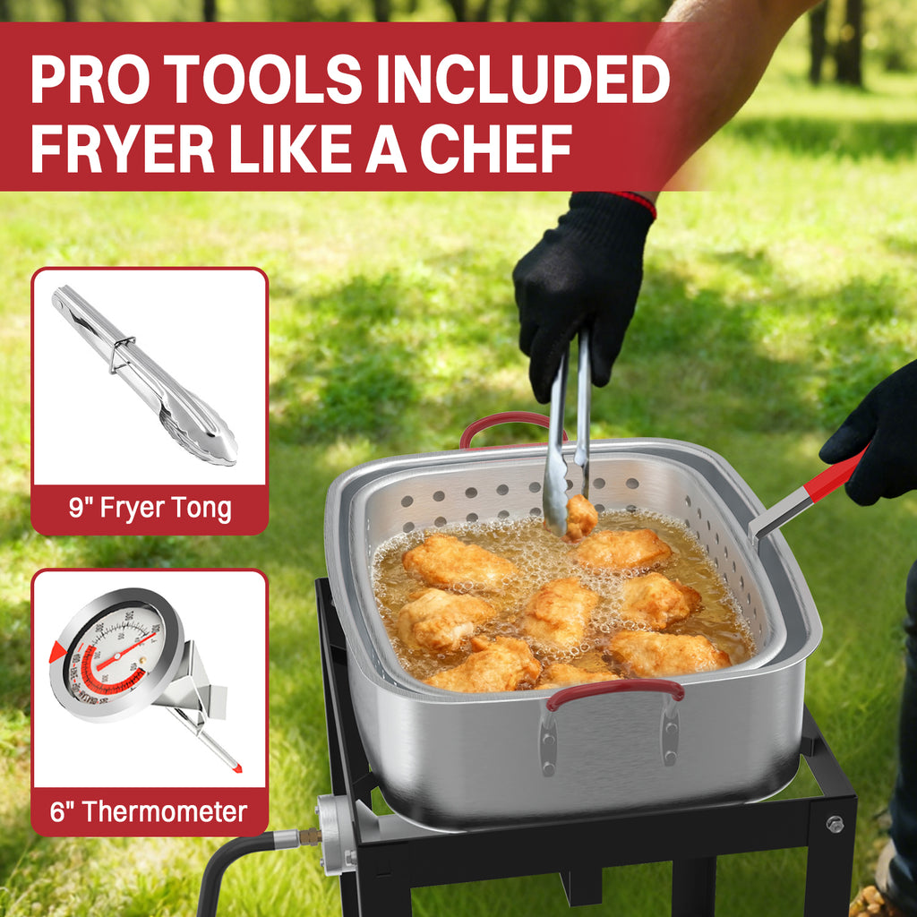 18QT Outdoor Propane Fish Fryer | 50,000 BTU Propane Deep Fryer | Includes 18QT Basket | Lid | Cover | 9" Fryer Tong & 6" Thermometer | Perfect for Cooking Fish, Chicken Wings, and Fries