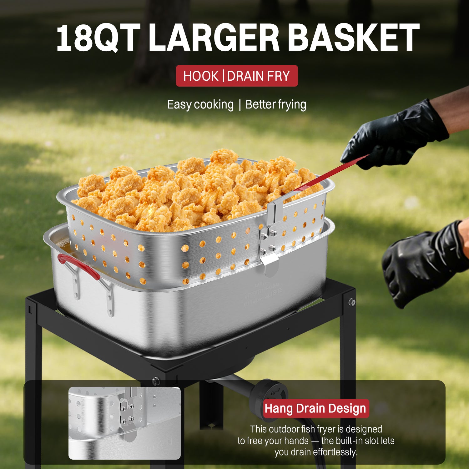 18QT Aluminum Deep Fryer Pot with Basket | Lid | 9" Fryer Tong | 6" Thermometer | Outdoor Fish Fryer Pot | Ideal for Frying Fish | French Fries | Chicken Wings