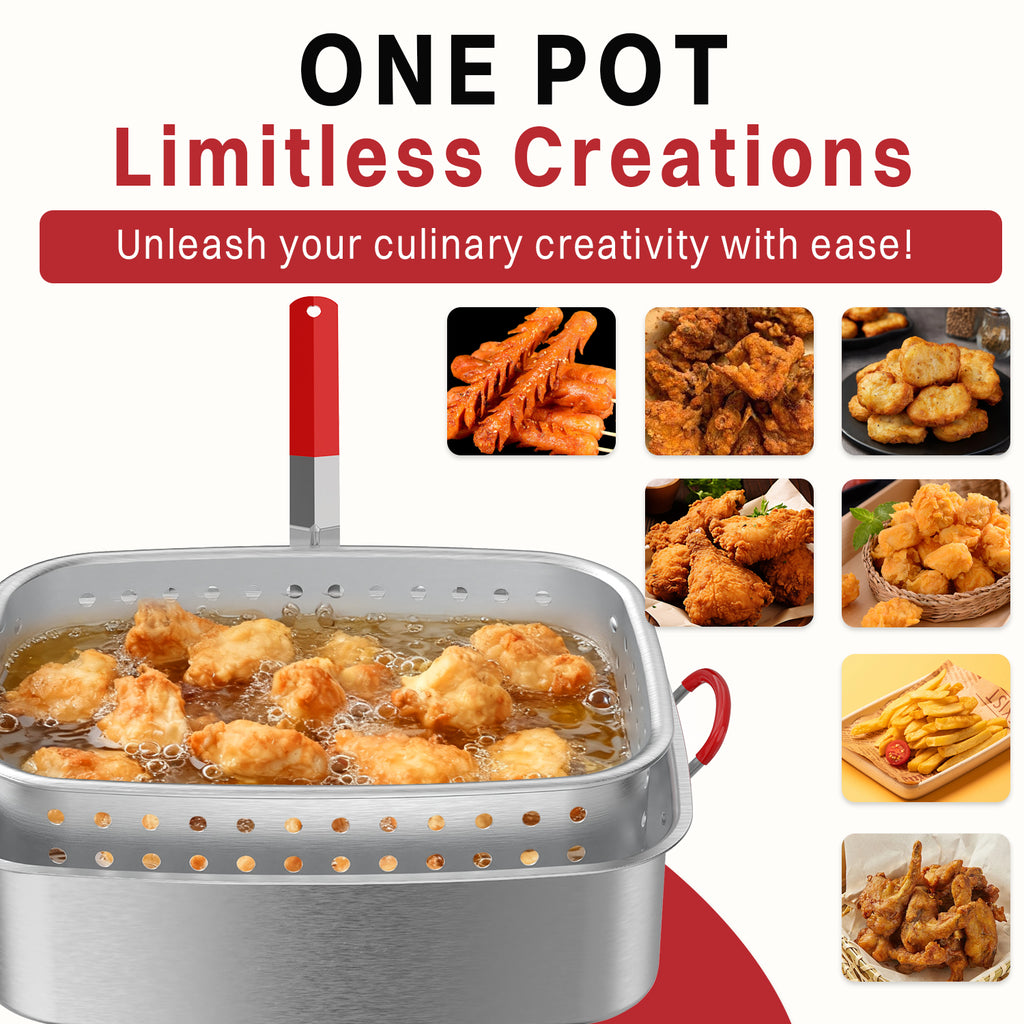 18QT Aluminum Deep Fryer Pot with Basket | Lid | 9" Fryer Tong | 6" Thermometer | Outdoor Fish Fryer Pot | Ideal for Frying Fish | French Fries | Chicken Wings
