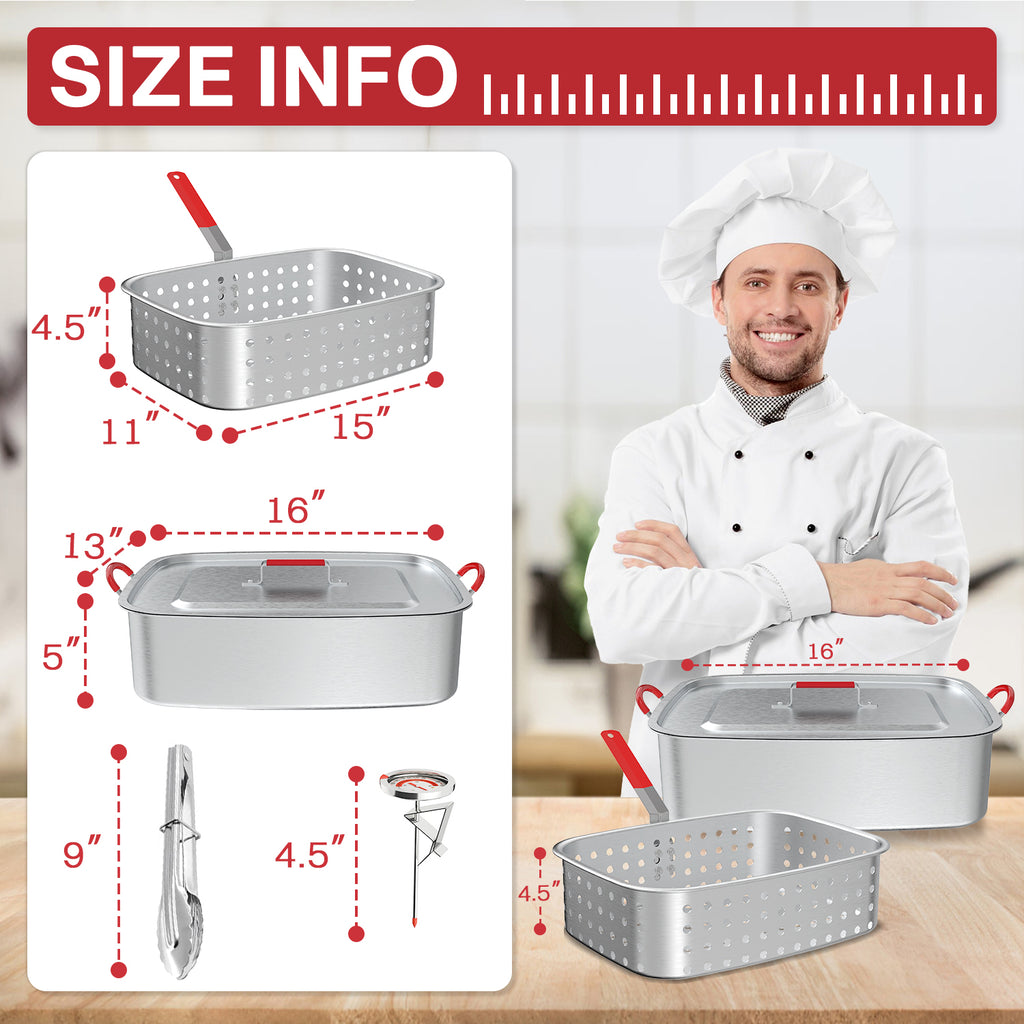 18QT Aluminum Deep Fryer Pot with Basket | Lid | 9" Fryer Tong | 6" Thermometer | Outdoor Fish Fryer Pot | Ideal for Frying Fish | French Fries | Chicken Wings