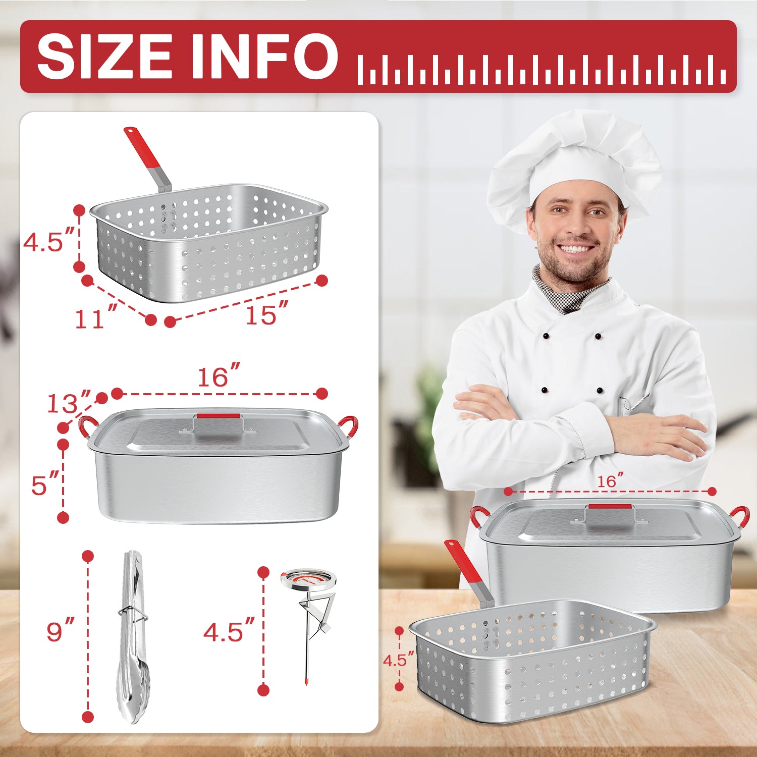 18QT Aluminum Deep Fryer Pot with Basket | Lid | 9" Fryer Tong | 6" Thermometer | Outdoor Fish Fryer Pot | Ideal for Frying Fish | French Fries | Chicken Wings