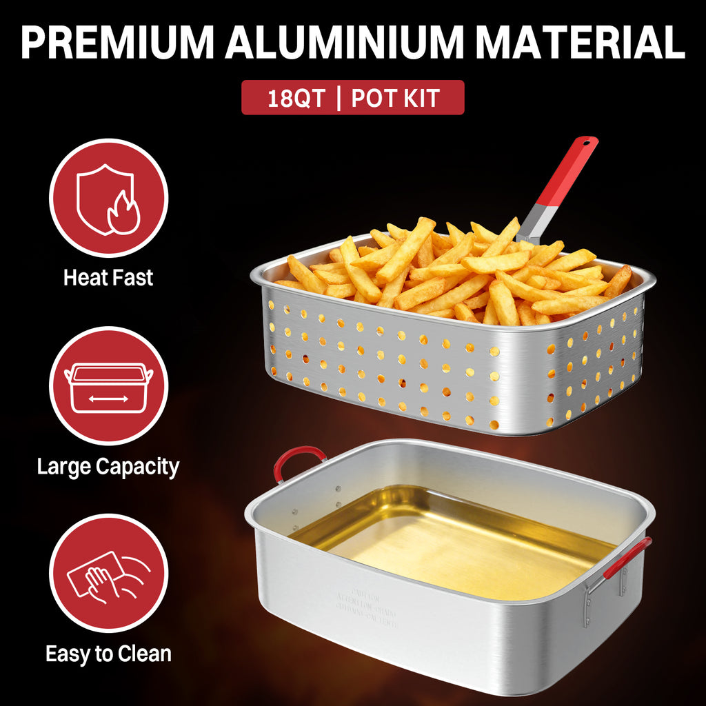 18QT Aluminum Deep Fryer Pot with Basket | Lid | 9" Fryer Tong | 6" Thermometer | Outdoor Fish Fryer Pot | Ideal for Frying Fish | French Fries | Chicken Wings