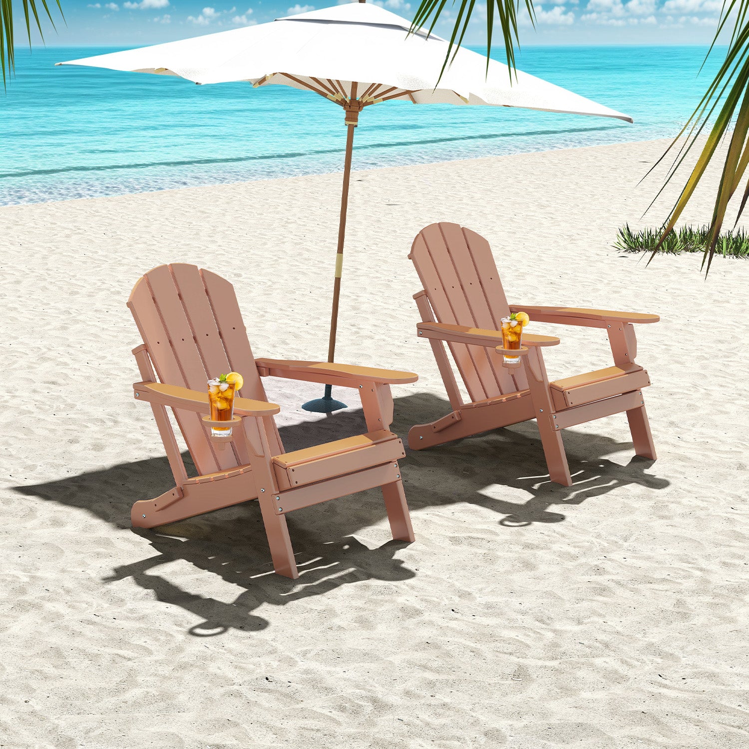 Outdoor Folding Adirondack Chair, HDPE All Weather Patio Chair with Cup Holder for Deck Backyard Garden, Teak