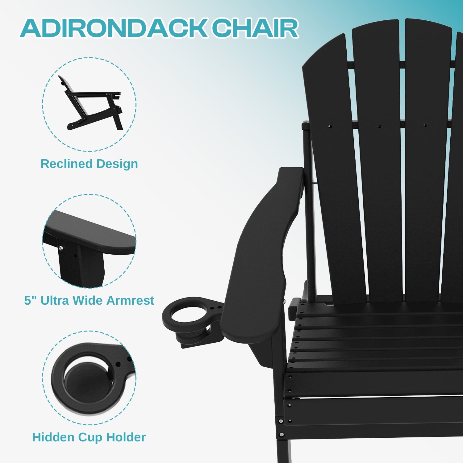 PIPOPA Outdoor Folding Adirondack Chair Set of 4, HDPE All Weather Patio Chair with Cup Holder for Deck Backyard Garden, Black