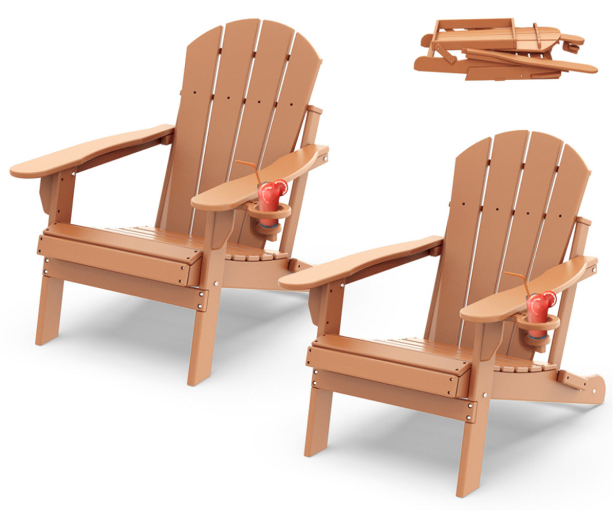 Outdoor Folding Adirondack Chair set of 2, HDPE All Weather Patio Chair with Cup Holder for Deck Backyard Garden, Teak
