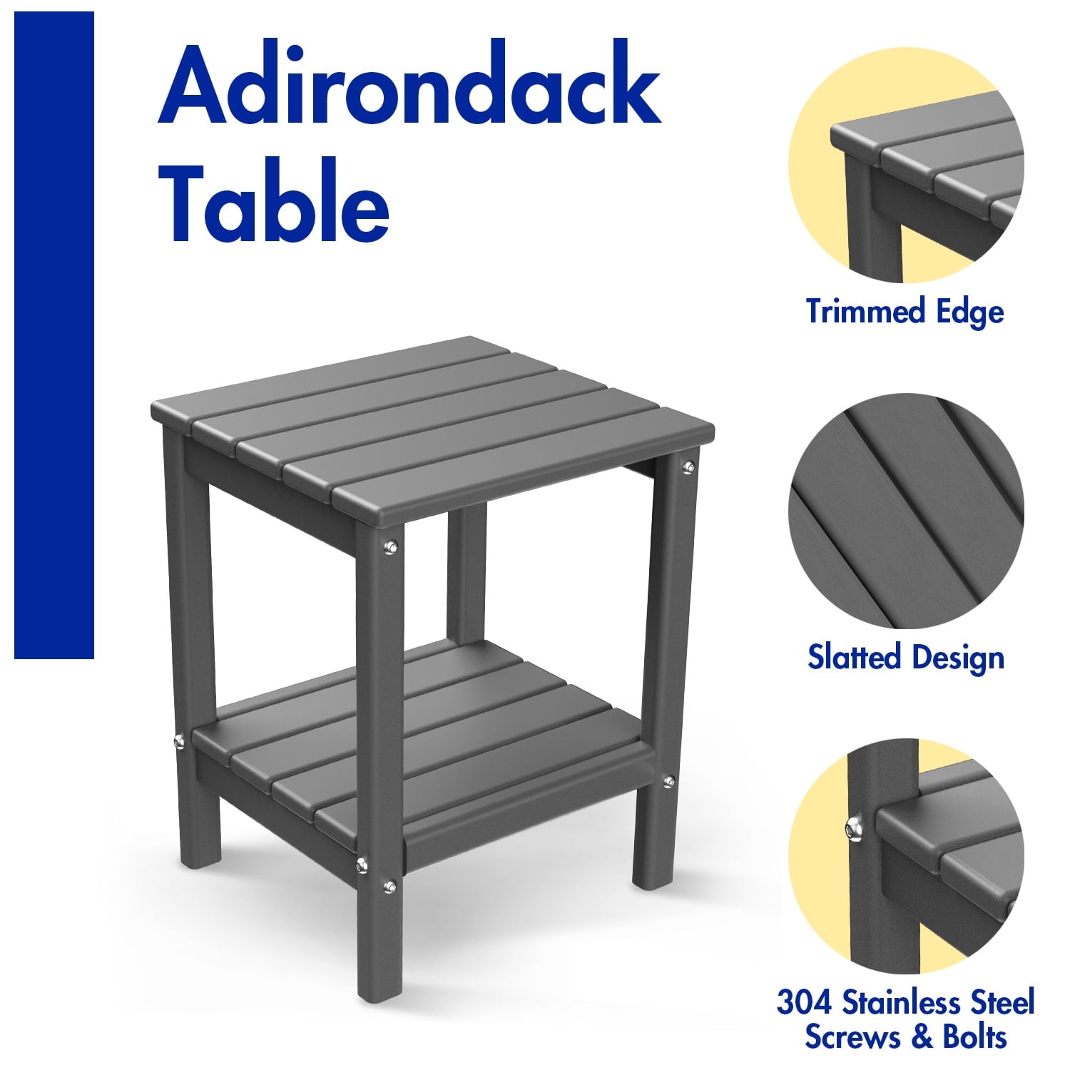 FODINGHILL 2-Tier Outdoor Side Table, HDPE All Weather Adirondack Patio Table with Storage Shelf, Outside End Table for Porch Backyard Indoor, Gray