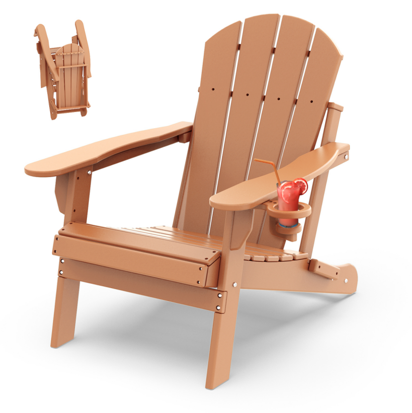 Outdoor Folding Adirondack Chair, HDPE All Weather Patio Chair with Cup Holder for Deck Backyard Garden, Teak
