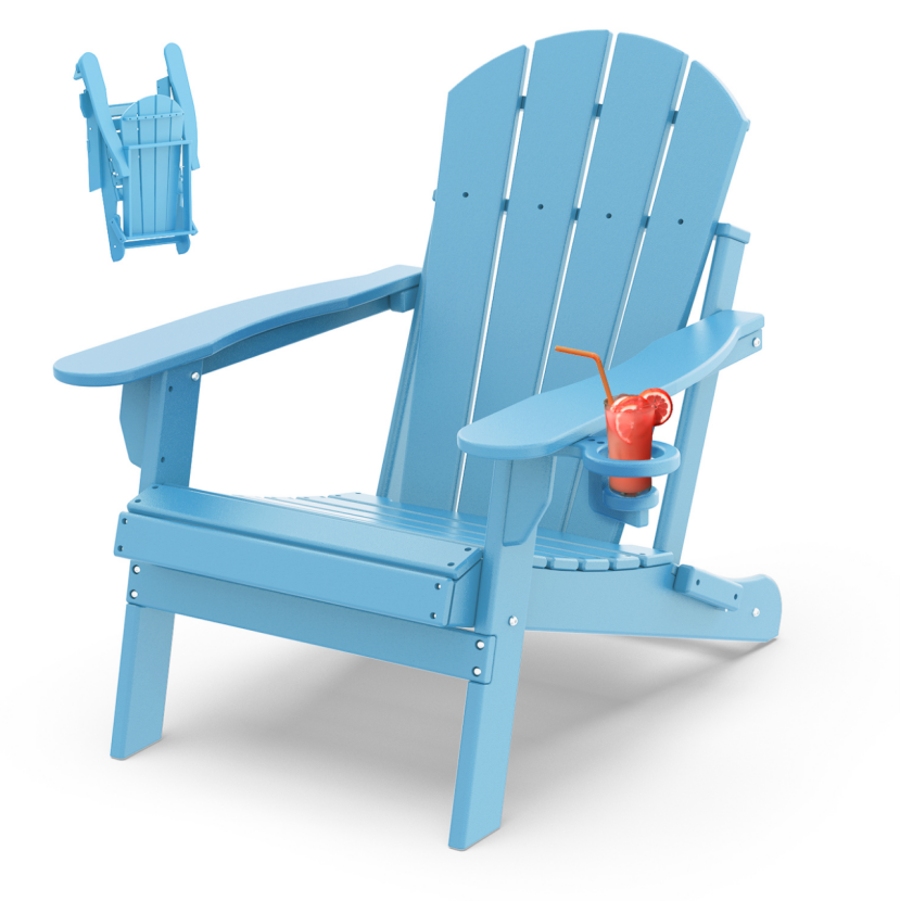 Outdoor Folding Adirondack Chair, HDPE All Weather Patio Chair with Cup Holder for Deck Backyard Garden, Arctic