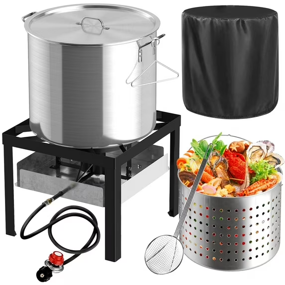 80QT Crawfish Boiler Kit, Seafood Boil Pot,Waterproof Cover & 18-inch Skimmer, 110,000BTU Propane Burner,Aluminum Seafood Boil Pot with Basket ,Crab, Seafood & Crawfish Boiler