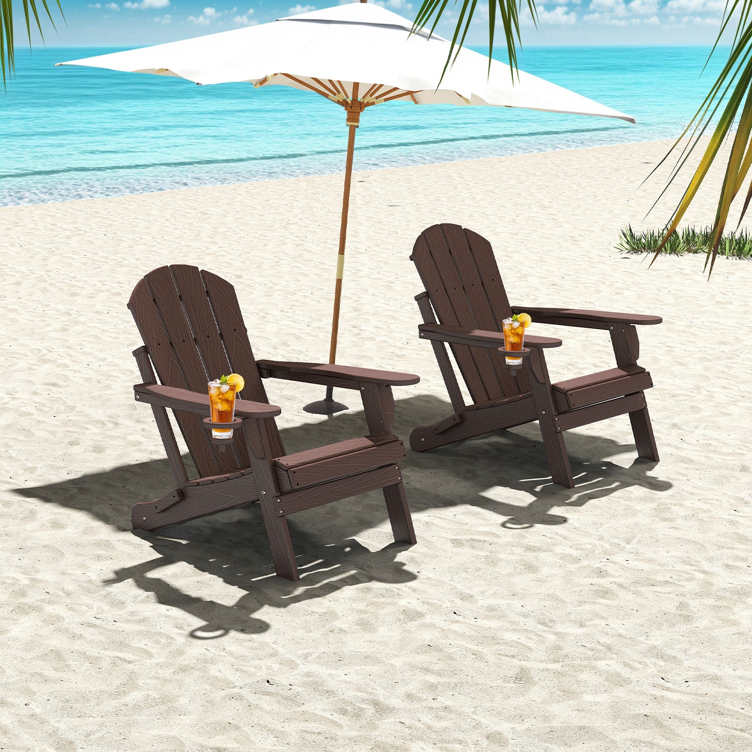 Outdoor Folding Adirondack Chair set of 6, HDPE All Weather Patio Chair with Cup Holder for Deck Backyard Garden, BrownWood