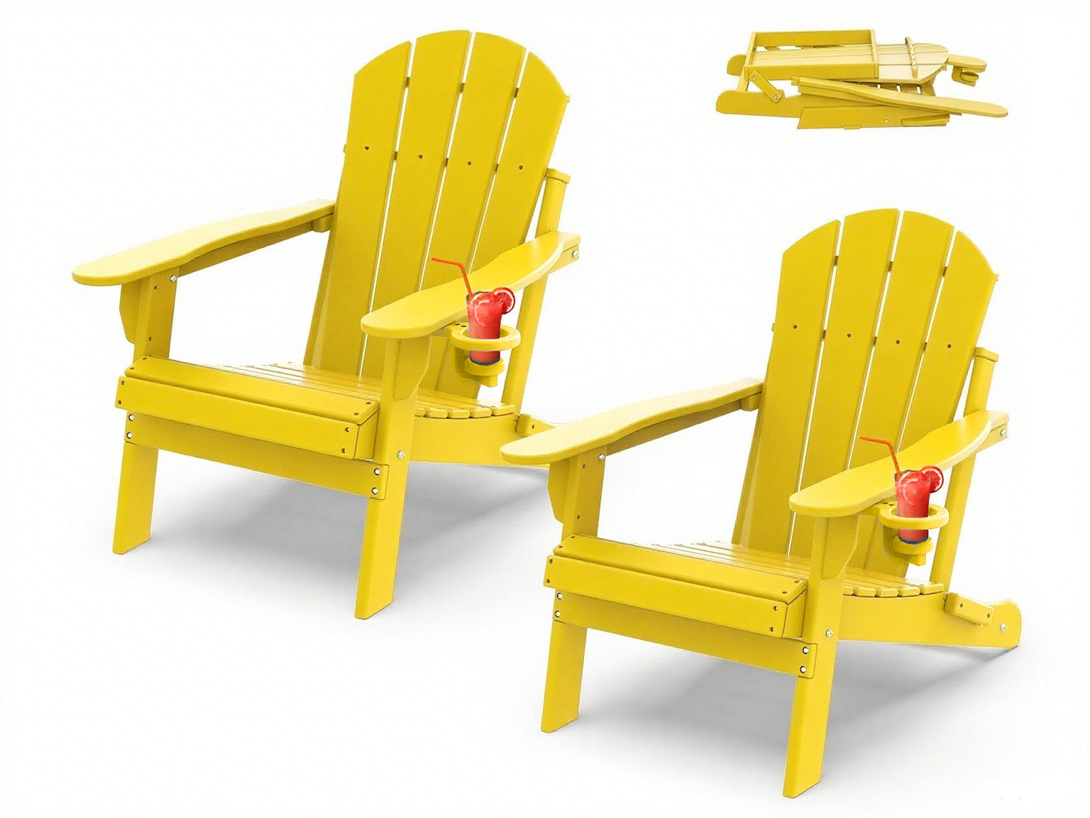 Outdoor Folding Adirondack Chair set of 2, HDPE All Weather Patio Chair with Cup Holder for Deck Backyard Garden, Yellow